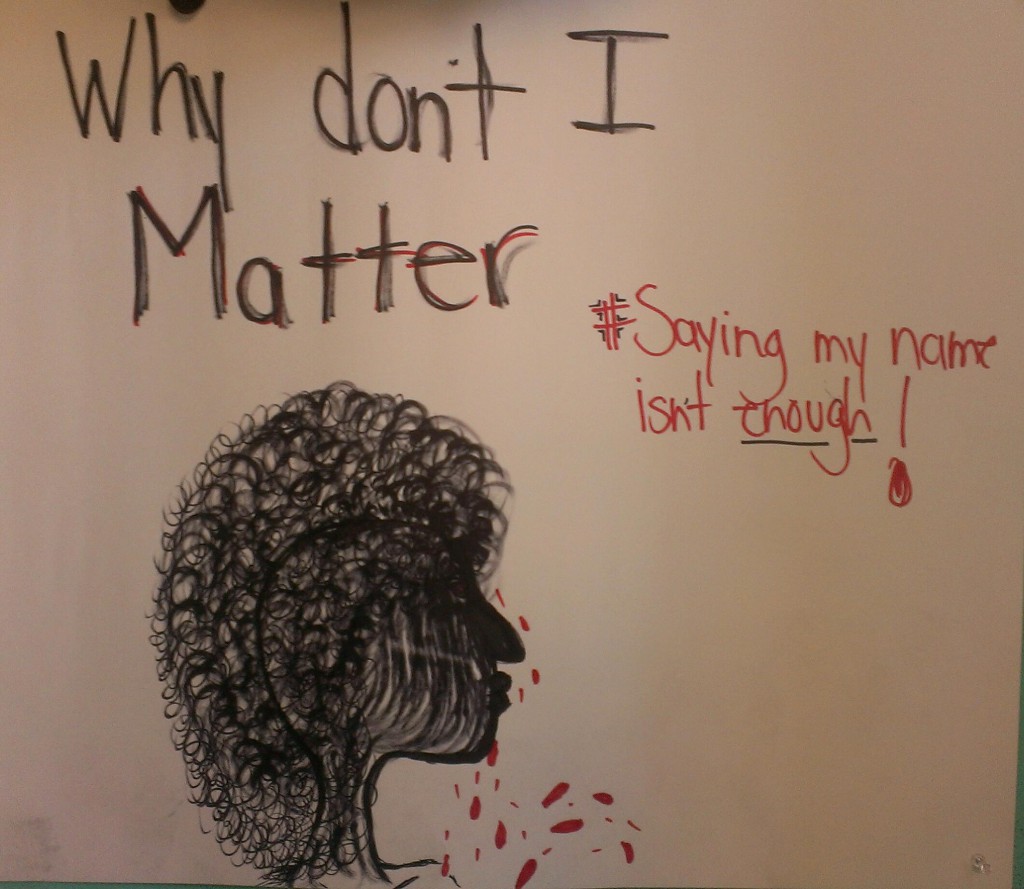 Poster created by SRLP Movement Building Team member Olympia Perez at rally for black trans women held in Brooklyn.