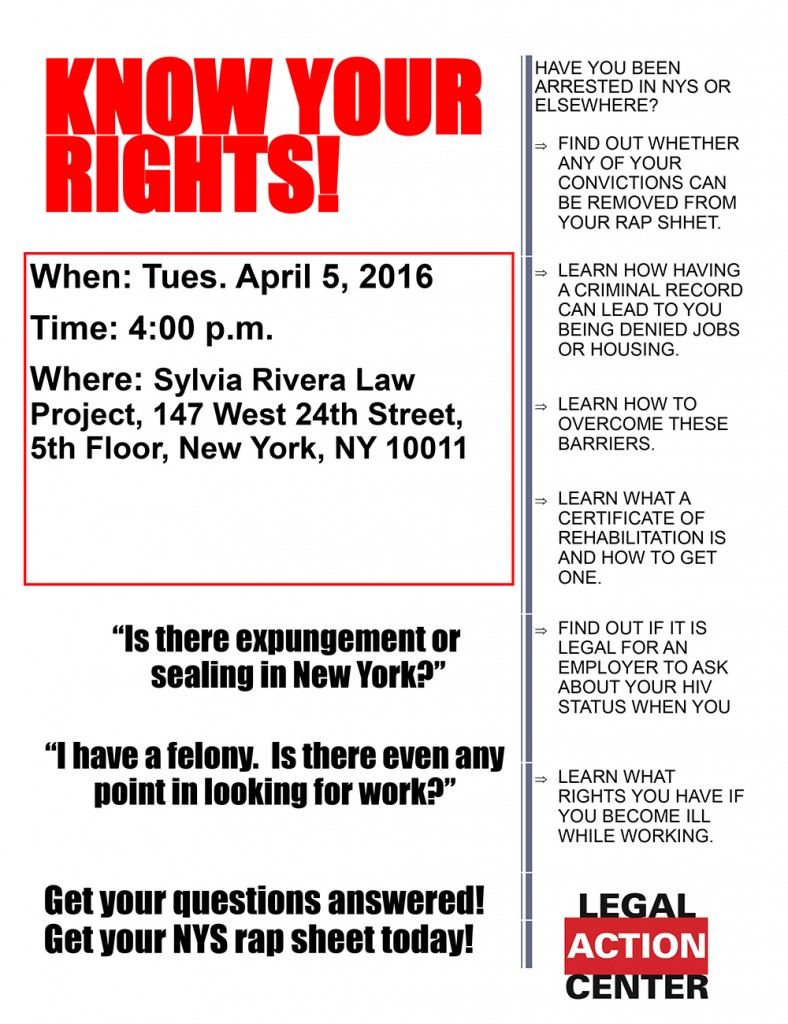 Sylvia Rivera Law Project Rap Sheet Flier for promotion